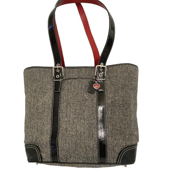 COACH Vintage Wool Tote Herringbone Gray Black Leather Handbag Red Lining - Picture 1 of 16